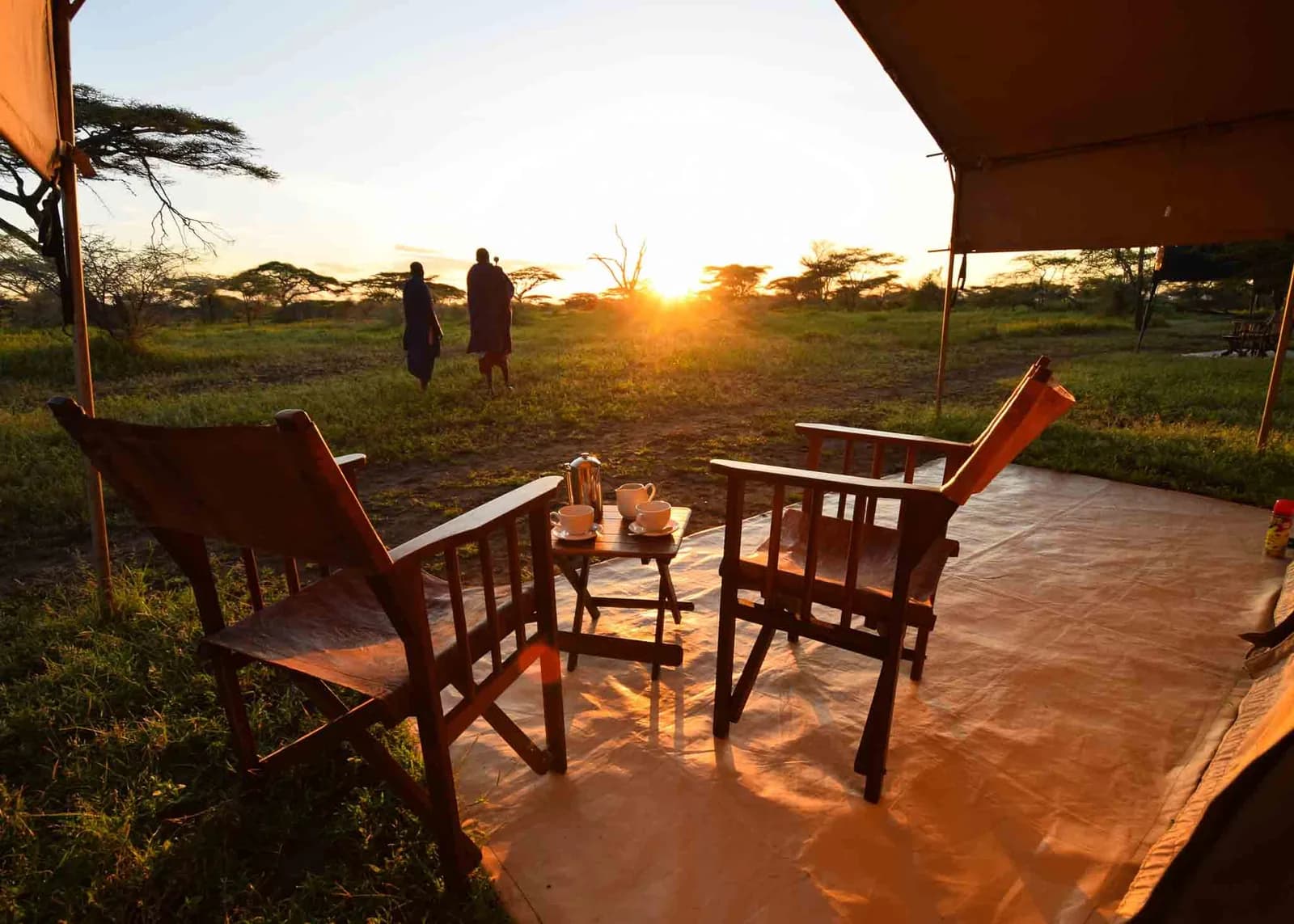 Tented safari camp deck with chairs and drinks in warm evening light