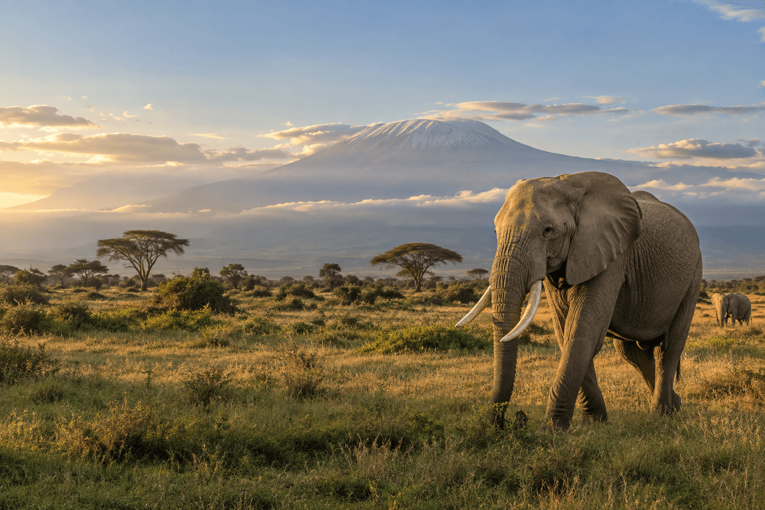Elephants in golden grass beneath Kilimanjaro in warm morning light