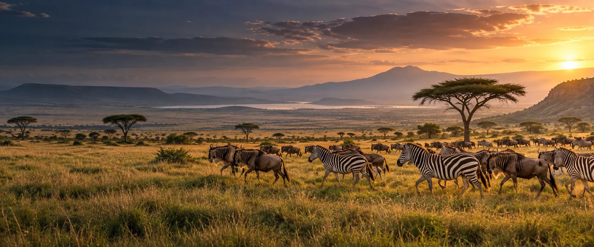 Zebra and wildebeest moving across broad East African plains at sunset