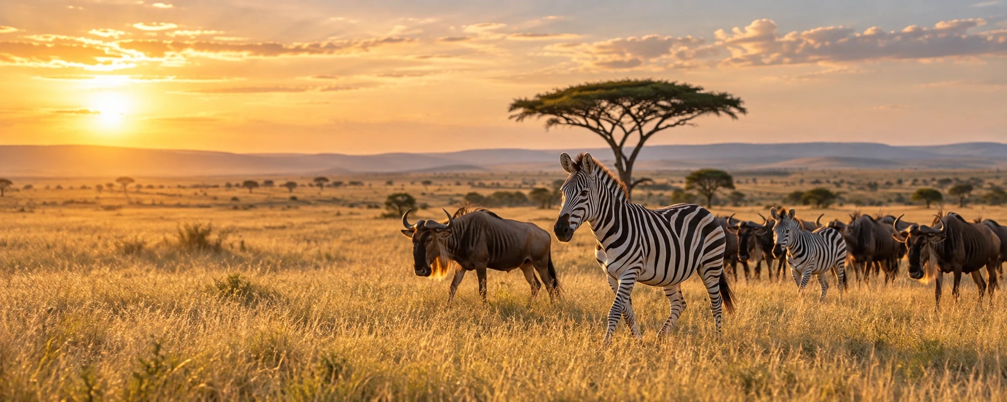Zebra and wildebeest crossing golden grassland in the Masai Mara