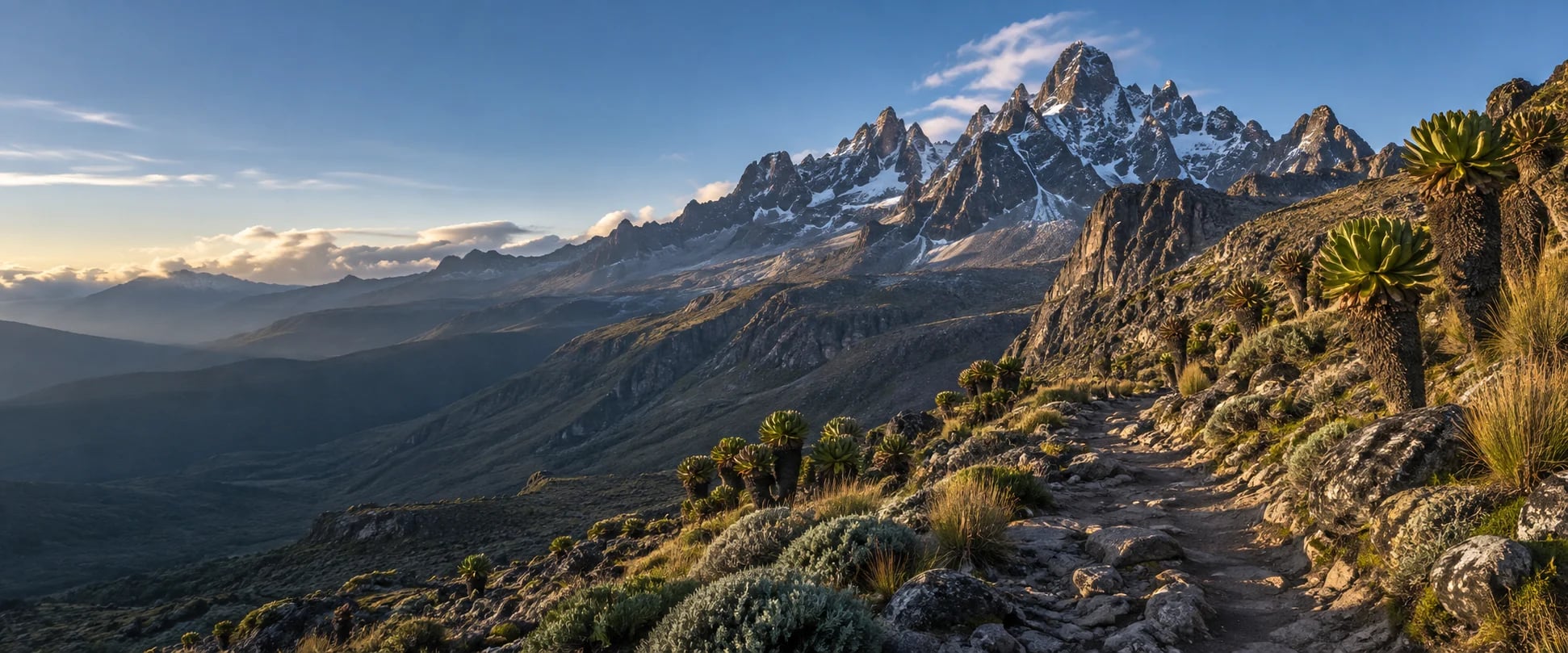 A rocky alpine trail winding toward Mount Kenya's jagged peaks