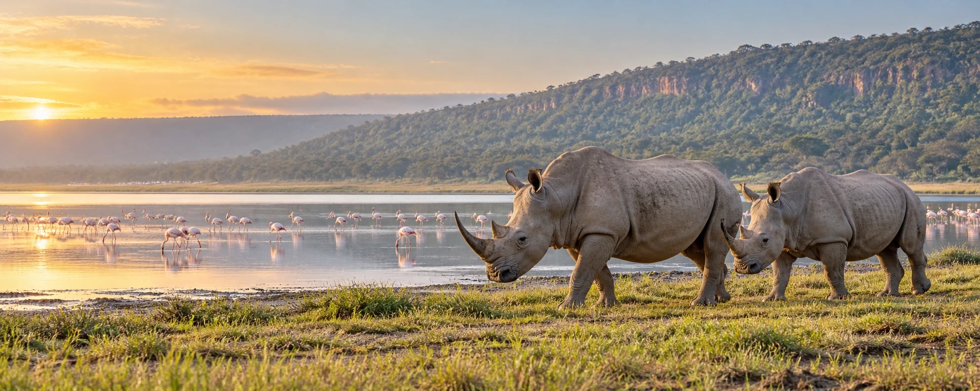 Two rhinos walking beside a lake with flamingos in the shallow water