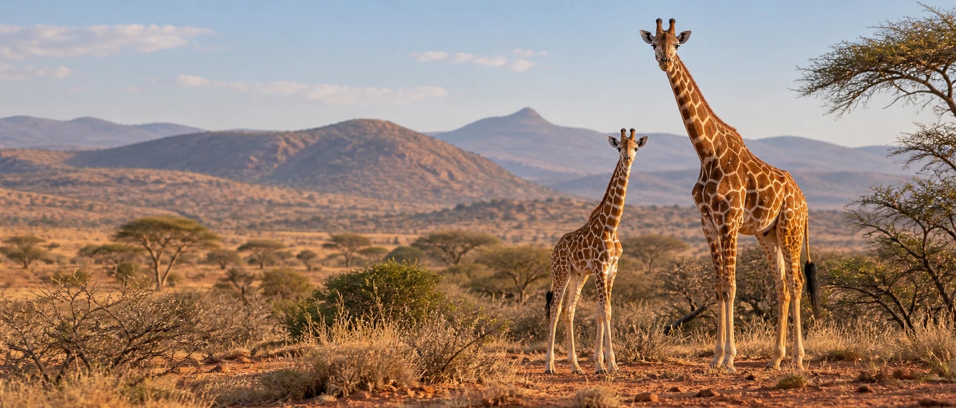 Two reticulated giraffes standing in dry northern Kenya savannah